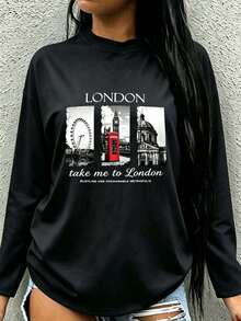Plus Size London City Landmark Graphic Long Sleeve Top, Letter Print Loose Casual Autumn/Winter Daily Top - Black - View 3