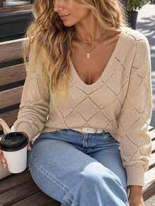 Women's Plus Size Knit Sweater V-Neck Long Sleeve Pullover With Drop Shoulder And Rib-Knit Details, Perfect For Fall & Winter Wear - Apricot - View 5