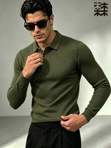 mulinsen Men's Geometric Diamond Grid Jacquard Lapel Polo Shirt Slim Fit Long Sleeved Knitted Base Shirt Commuting Versatile Top - Green - View 3