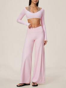 TimeOff Women's One Set Autumn/Winter Colorblock Halter V-Neck 2 In 1 Long Sleeve Cropped Top & Cross V-Waist Wide Leg Pants Yoga Set - Pink - View 9