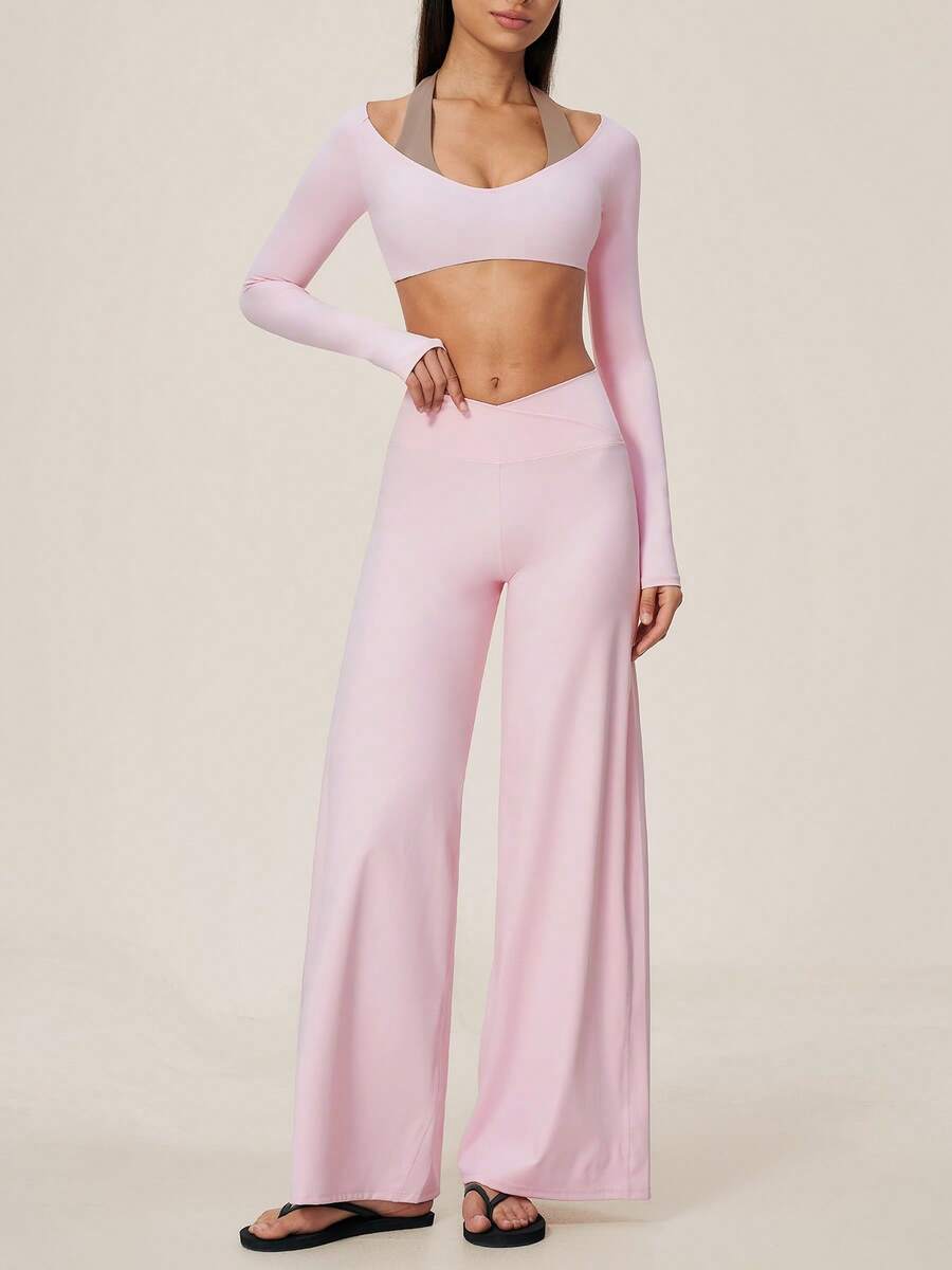 TimeOff Women's One Set Autumn/Winter Colorblock Halter V-Neck 2 In 1 Long Sleeve Cropped Top & Cross V-Waist Wide Leg Pants Yoga Set - Pink - View 1
