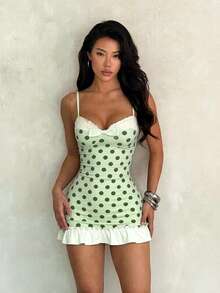 Summer Polka Dot Bow Tie Cami Dress,Suitable For Dates,Parties,Elegant,Birthday - Green - View 2