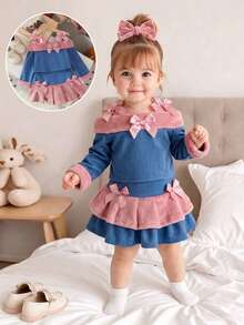 2pcs Baby Girl Vintage Y2K Millennium Style Bowknot Wide Strap Decor Plush Collar Off-Shoulder Top & Patchwork Pleated Mini Skirt Set, Suitable For Party Birthday Wear In Spring And Autumn - Royal Blue - View 1
