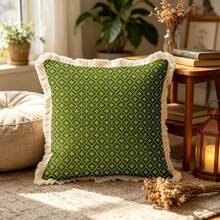 1PC French Printed Pillow Cover With Tassel Border, Double-Sided Decorative Pillowcase, Green Geometric Loop Design Pattern, Home Decoration, Sofa, Bed, Bedroom(Excluding Pillow Core)-Size Excludes 3cm Tassels - Multicolor - View 2