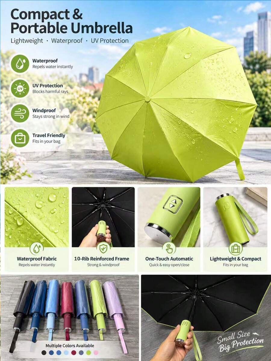 Lightweight Portable Sun Umbrella, UPF50+ Strong UV Protection, 10-Rib Reinforced Frame, One-Click Automatic Open/Close, Windproof Waterproof Dual-Use Umbrella For Daily Commute And Outdoor Travel