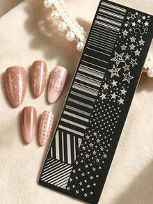 1pc Star&Stripe Geometric Nail Stamping Plate, Stainless Steel Reusable Nail Art Transfer Template, Multi-Size Stars & Line Pattern Nail Stamp Stencil For DIY Manicure And Nail Salon - Multicolor - View 4