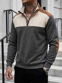 Men's Spring/Autumn Colorblock Half-Zip Stand Collar Sweatshirt, Simple Versatile Long Sleeve Casual Pullover Top - Dark Grey - View 2
