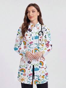 Bata de laboratorio con estampado y cremallera delantera con doble bolsillo para mujer - Blanco - Ver 2