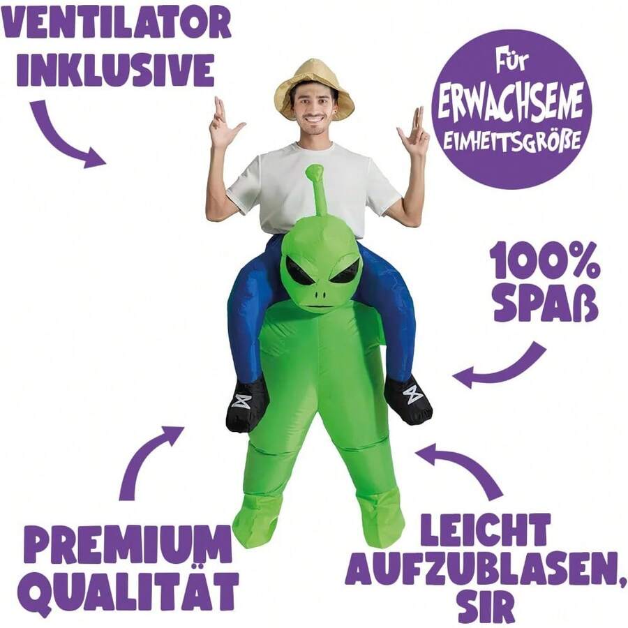 Inflatable Alien Costume For Adults, E.T. Alien Costume, One Size, 100% Polyester, Size 160 To 190 Cm, Easy And Comfortable To Wear, Inflation System - A - View 1