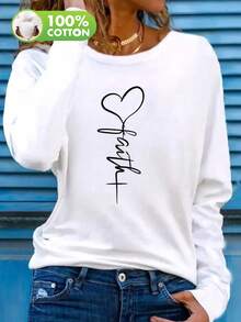 T-shirt à manches longues col ras-du-cou pour femmes, imprimé cœur en art linéaire "Foi", Top décontracté coupe ample - Blanc - Voir 9