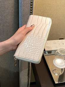 Elegant Pattern Long Wallet, Women's Zip Around Leather Clutch, Multi-Card Slots Purse - White - View 1