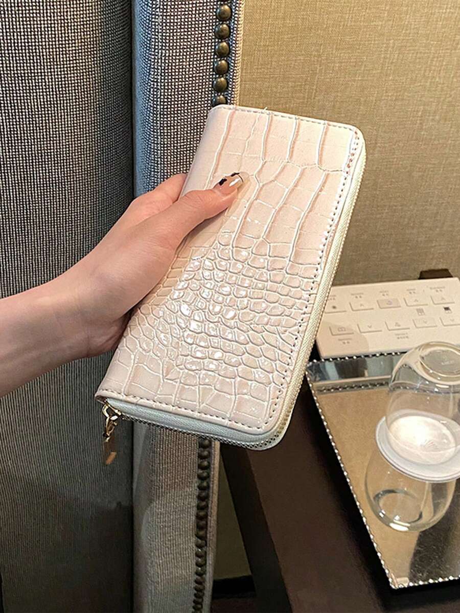 Elegant Pattern Long Wallet, Women's Zip Around Leather Clutch, Multi-Card Slots Purse - White - View 1