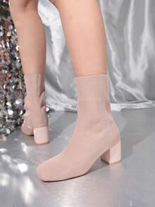 Women's Elastic Knit Square Toe Sock Boots, Mid-Calf Chunky Heel, Sexy Style, Solid Color Knit Fabric, Suitable For Dating And Commuting, Plus Size - Dusty Pink - View 3