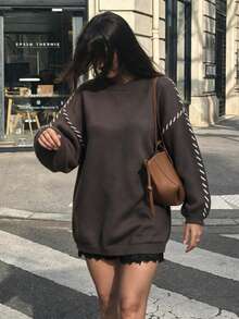 Dila Polly Women's Autumn/Winter Fashion Colorblock Round Neck Loose Sweater Dress College Style, Sleeve Craft Design - Mocha Brown - View 1