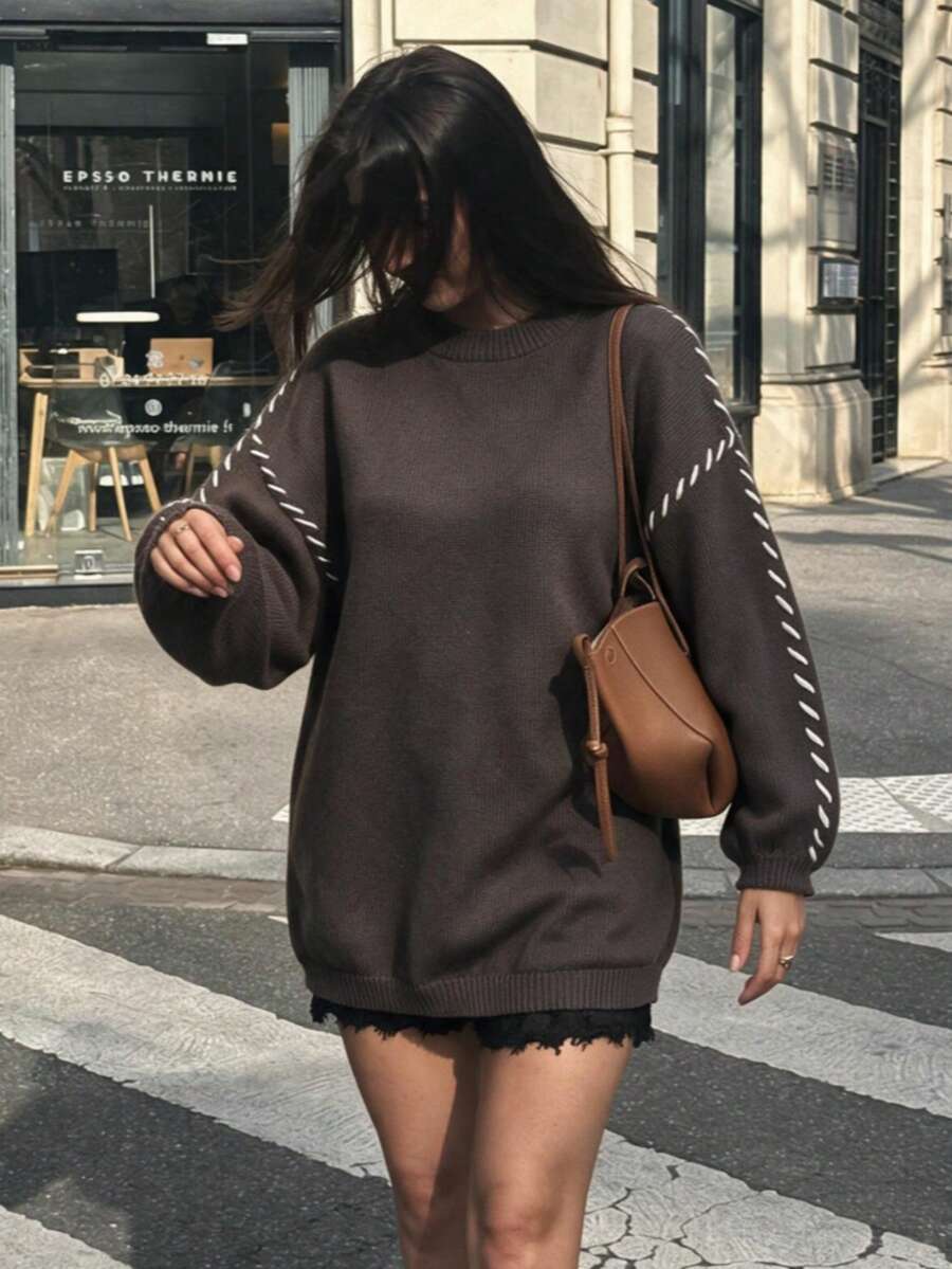 Dila Polly Women's Autumn/Winter Fashion Colorblock Round Neck Loose Sweater Dress College Style, Sleeve Craft Design - Mocha Brown - View 1