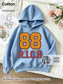 Kids Hooded Sweatshirt, 88 R.I.C.H Number Letter Graphic Print Thick Fleece Lined Pullover For Kids - Blue - View 9