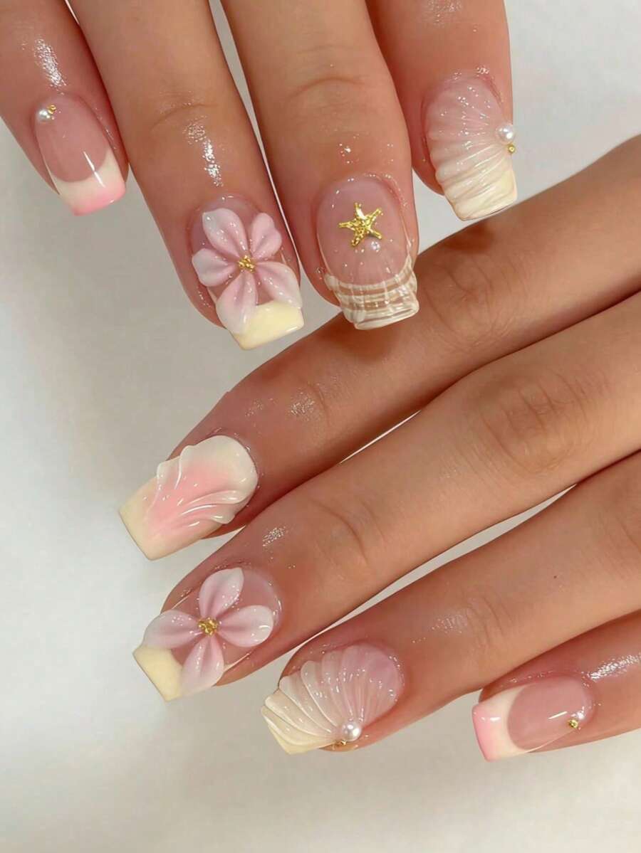 24pcs Short Square 3D Gel Nail Art, Polka Dot & Floral Design With Pearl French Tip Fake Nails Set, Includes 1 Double-Sided Adhesive Tape And 1 Nail File, French Manicure, Suitable For Women And Girls Daily Life And Party Use In Autumn - Multicolor - View 1