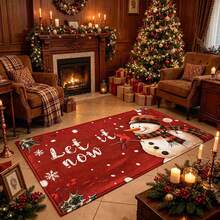 1pc Christmas Series Red Background Snowman Pattern Printed Faux Wool TPR Bottom Door Mat, Bathroom Mat, Kitchen Mat, Laundry Room Mat, Holiday Atmosphere Decor, Home Decor, Party Decor, Wedding Decor, Dining & Kitchen Decor - Multicolor - View 2