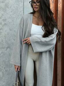 FOR BEAUTY V-Neck Oversized Cardigan, Fashionable & Versatile, Minimalist Long Knit Sweater Jacket, Gray Cardigan, New Year Casual Fall - Grey - View 3