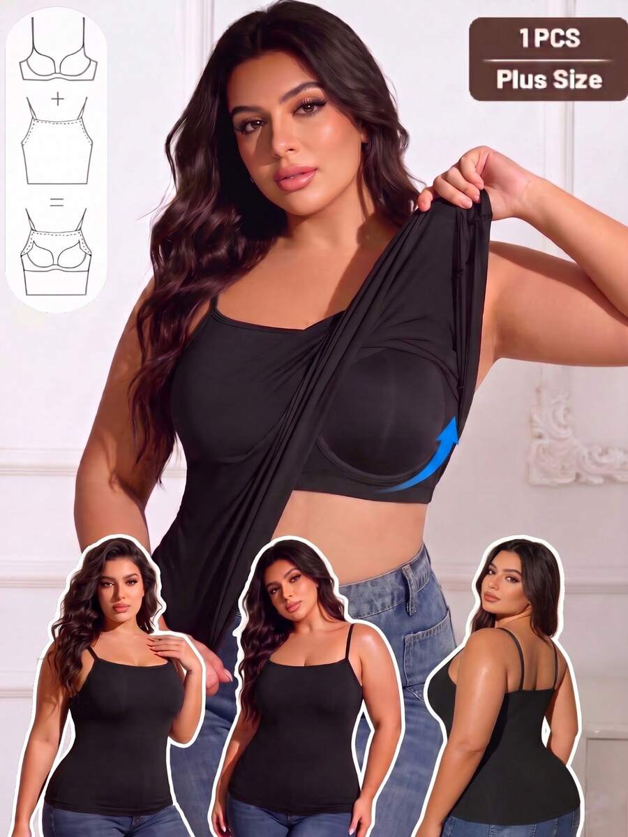 1 buah Tank Top Camisole Berbantalan Terintegrasi Ukuran Plus, Rompi Lapisan Hangat Musim Gugur/Dingin, Pakaian Dalam Penopang Lembut Dasar Sehari-hari - Hitam - View 1