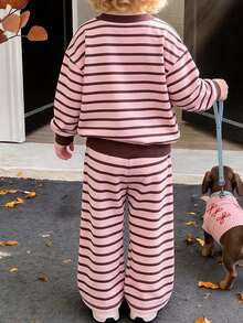 Young Girl Cartoon Print Round Neck Long Sleeve Top And Pants - Pink - View 2