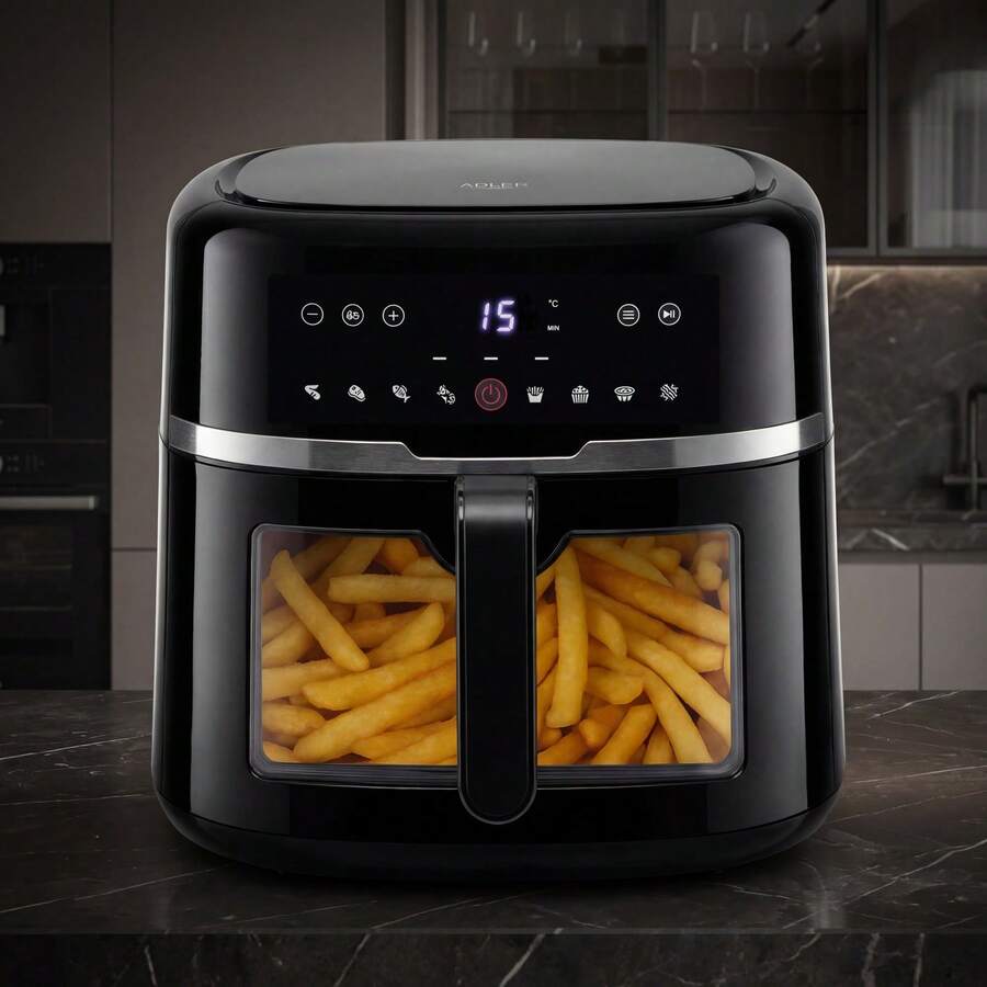 Adler Air Fryer Oil-Free Fryer Fat-Free Cooker Hot Air Convection Oven Large 8L 1800W 80-200°C LED Display Touch Panel 9 Programs 60Min Timer Window Interior Light Shake Reminder - EU E Type Plug(220-240V) - View 1