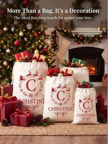 Custom Christmas Canvas Drawstring Gift Sack, Personalized Name & Monogram Santa Sleigh Print Storage Bag, Reusable Xmas Gift Holder, Great Gift For Family & Friends - Multi-color 1 - View 4