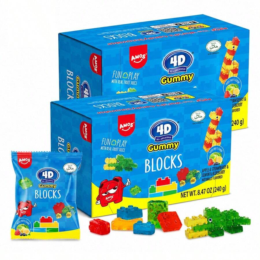 AMOS 4D Halal Gummy Blocks Candy Bricks, Edible Building Blocks, Individually Wrapped On The Go Snacks, 8.47 Oz (2-Pack Bundle) - 2 pcs - View 1