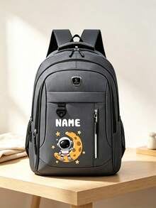 1pc Personalized Customized Large Capacity Backpack With Fashion Casual Astronaut And Moon Theme Print, Zipper Closure Nylon Material, Adjustable Shoulder Straps, Hand-Carry, Suitable For School, Commute, Shopping, Daily Use. Birthday Gift. - Vertical Zipper Style - Multicolor - View 5