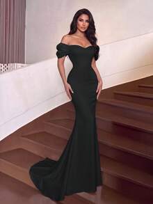 Elegant Cold Shoulder Mermaid Long Dress, Ruched Satin Tail, Fitted Style, Suitable For Photos, Beach Vacation, Resort, Evening Party And Formal Occasions - Black - View 1