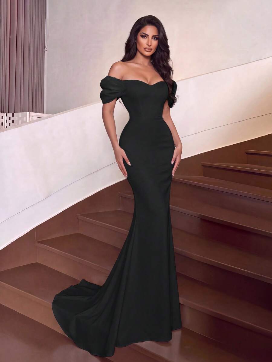 Elegant Cold Shoulder Mermaid Long Dress, Ruched Satin Tail, Fitted Style, Suitable For Photos, Beach Vacation, Resort, Evening Party And Formal Occasions - Black - View 1
