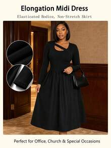 NOU Women'sMid-Length Dress, Cross-Neck, Slim-Fit, Long Sleeve, Patchwork, Lightweight Breathable Fabric, Oversized A-Line Silhouette, Comfortable Fit - Black - View 7