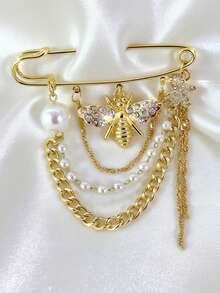 1pc Fashion Bee Butterfly Rhinestone Brooch Layered Chain Pearl Tassel Pin Brooch Women Multi-Functional Versatile - Multicolor - View 4