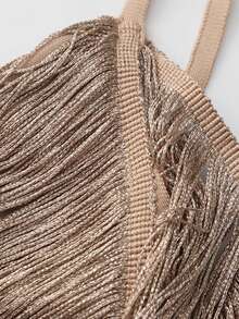 Modphy New Women's Gold Rhinestone Sexy Round Neck Off-Shoulder Sleeveless Backless Fashion Tassel Long Bandage Elegant Evening Dress, Wedding Party Fall - Apricot - View 9