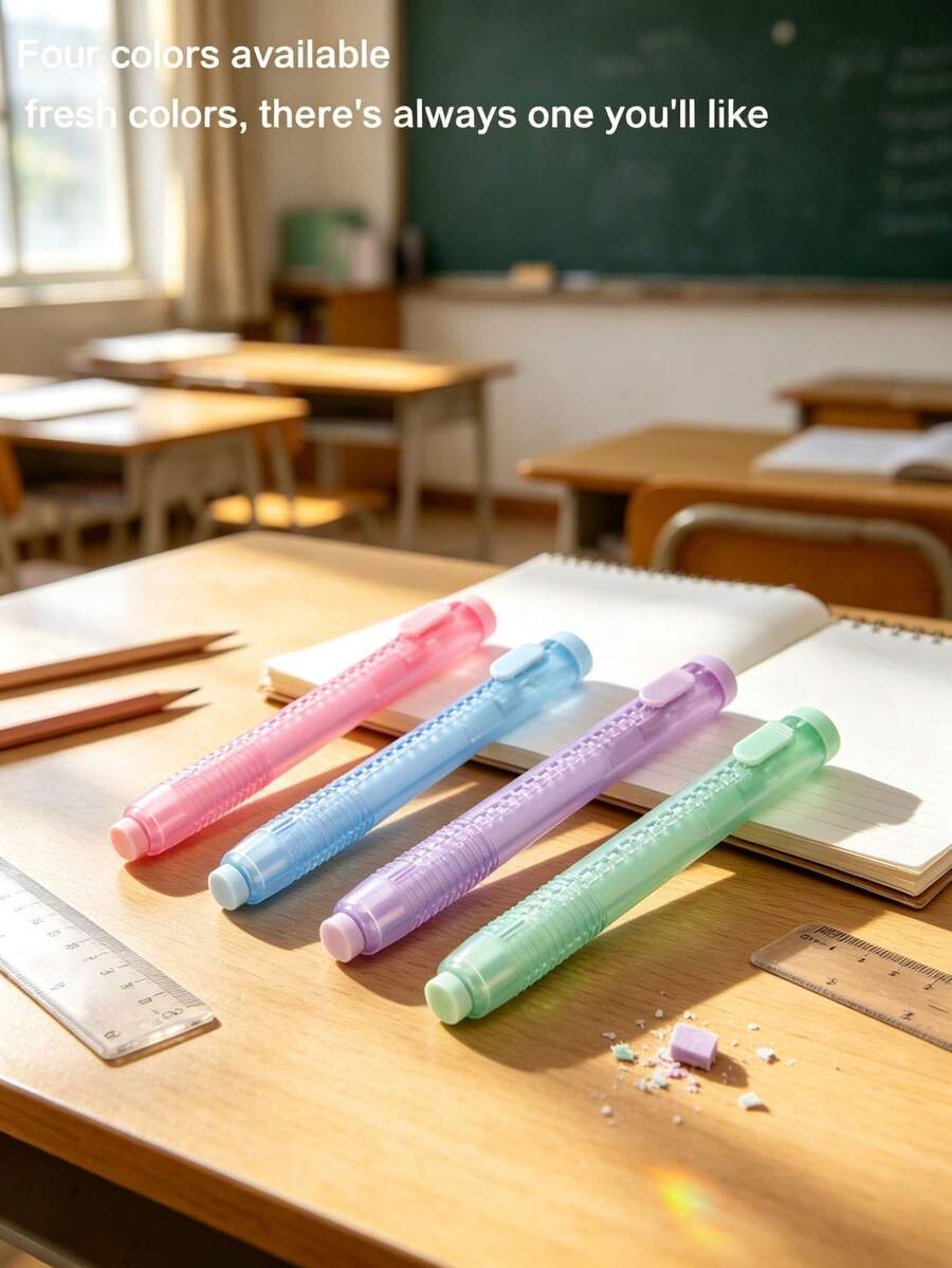 Automatic Press Design Push And Pull Rubber Eraser With 3 Replacement Refills, Great For Students, School, Office Use, Cute And Portable - Multi-color - View 1