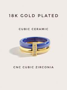 1pc 18K Gold Plated Exquisite Stainless Steel Ceramic Cubic Zirconia Ring, Women's Jewelry, Wedding Party Date Gift - Blue and Gold - View 6