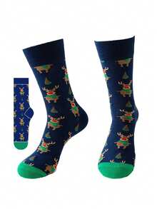 5 Pairs, Random Mixed Colors For Men & Women, Christmas Cartoon Printed Mid-Calf Socks, Soft And Breathable, Fun Holiday Socks For Christmas - Multicolor - View 5