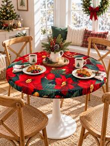 1pc Christmas Round Stretch Table Cloth, Red Green Poinsettia Holly Berry Print Elastic Fitted Tablecloth, Polyester Table Cover For Dining Table, Kitchen Table, Holiday Party, Winter Family Gathering, Indoor Home Decor - Multicolor - View 4