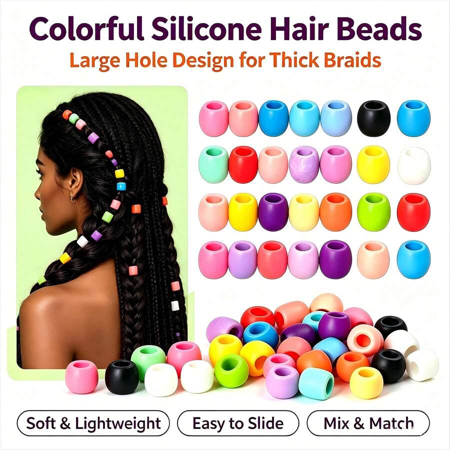 23/119Pcs Multicolor Large Hole Silicone Hair Beads, Dreadlock Braid Decor Beads, Thick Braids Hair Accessories For DIY Hairstyle Decoration - Silicone Hair Beads - View 1