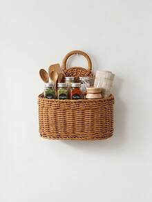 Handmade Rattan-Look Wall-Mounted Kitchen Basket, Dual-Use As Hand Carry Or Wall Hanging, Household Desktop/Wall-Mounted Sundries Storage Basket, Rustic Style Decorative Basket, Shelf Baskets - Regular Model - View 3