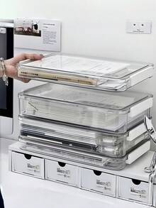1pc Transparent Acrylic File Storage Box, Waterproof File Organizer Box With Snap Lid, Dust-Proof Desktop Storage Box, Suitable For A4 Paper, Certificates, Home Office, Study And Decoration - Transparent - View 1