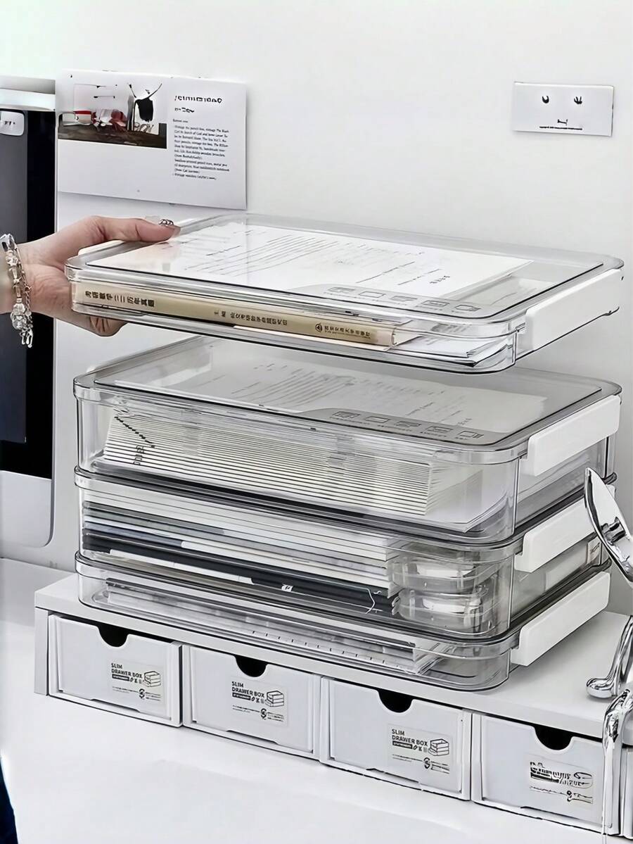 1pc Transparent Acrylic File Storage Box, Waterproof File Organizer Box With Snap Lid, Dust-Proof Desktop Storage Box, Suitable For A4 Paper, Certificates, Home Office, Study And Decoration - Transparent - View 1