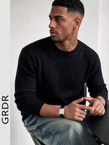 GRDR Men's Black Vertical Ribbed Crew Neck Sweater Slim Fit Textured Knit Pullover Casual Base Layer Top Autumn/Winter - Black - View 8