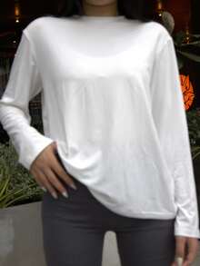 Small Shoulder Drop Sleeve Long Sleeve T-Shirt, Solid Black, Loose Casual - White - View 3