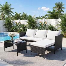 AYAYM Garden Furniture Set With Cushions, Convertible L‑Shaped Outdoor Rattan Sofa Set With Storage Box & Glass Coffee Table For Patio Conservatory Garden, Black & White - 3‑seater L‑shape Corner Sofa With Coffee Table - View 6