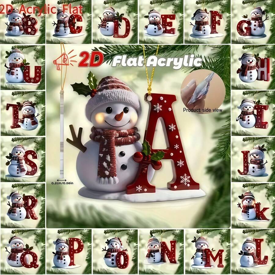 1pc Christmas Tree Shaped Snowman Enamel Pendant A-Z Letter Acrylic Charm, Holiday Christmas Tree Decoration, Ideal Christmas And Thanksgiving Decor, Multi-Functional Keychain And Backpack Charm, 2D Flat Design, Winter Party Home Decor Gift - Snowman Letter Hanging Ornament - View 1