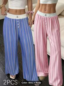 Nina Bonheur 2pcs Women's Striped Elastic Waist Wide Leg Pants Loungewear Set - Multicolor - View 3