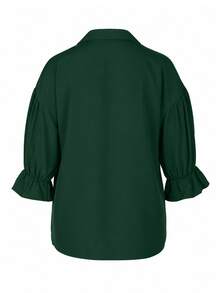 Blusa de mujer talla grande de unicolor con cuello y mangas abullonadas - Verde - Ver 5
