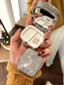Shiny Rhinestone Pill Box, 2-Compartment Mini Portable Pill Box With Mirror, Mini Jewelry Box, Portable Travel Jewelry Storage Box, Women's Ring And Earring Organizer, Fits In Wallet Or Pocket, Suitable For Travel, School, Holiday Gift, Birthday Gift - Multicolor - View 3
