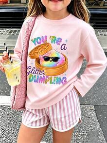 Tween-flicka roligt tryck rundhals långärmad T-shirt, höst/vintertopp - Rosa - Visa 1